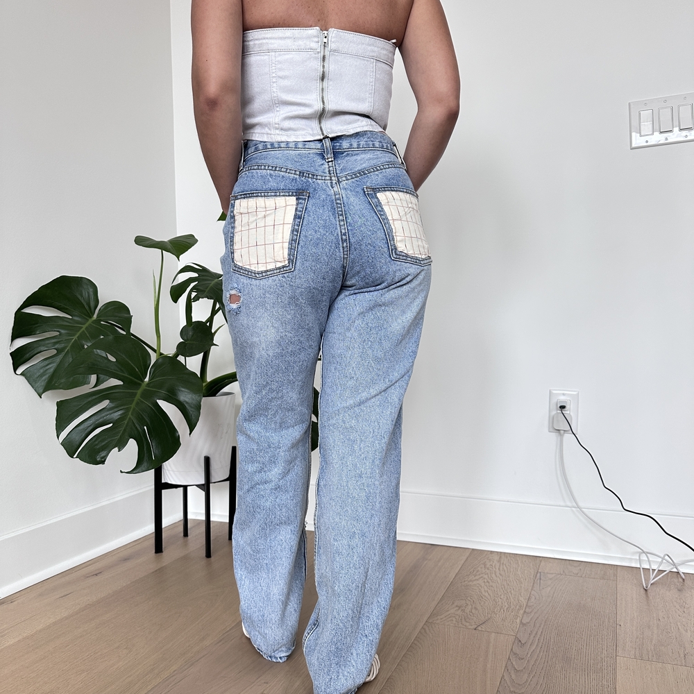 John Galt Shanghai Patchwork Distressed Jeans Cool Girl Plaid Underlay 90s Style